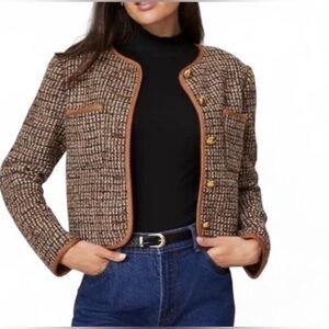 Ann Taylor Brown Tweed Cropped Blazer with Tan Trim